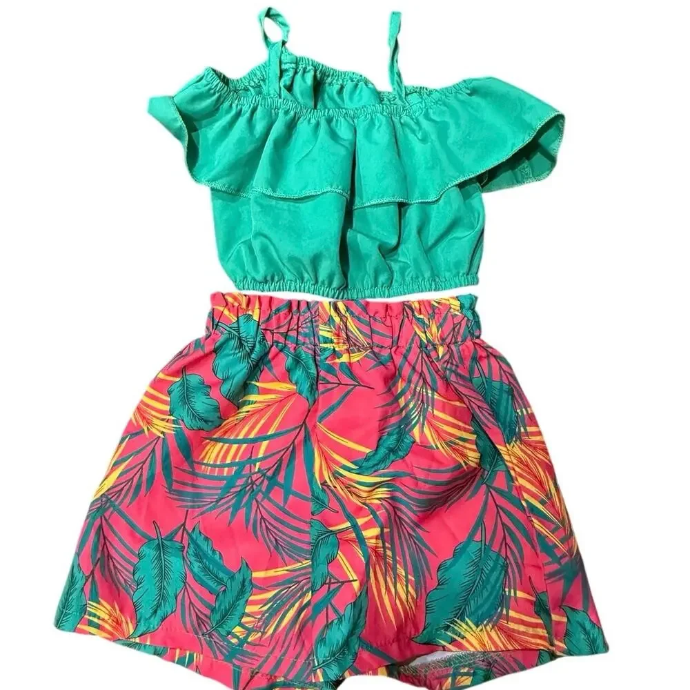 2 Tropical Summer Outfit Sets 12-24M Off Shoulder Crop Top Shorts Bundle